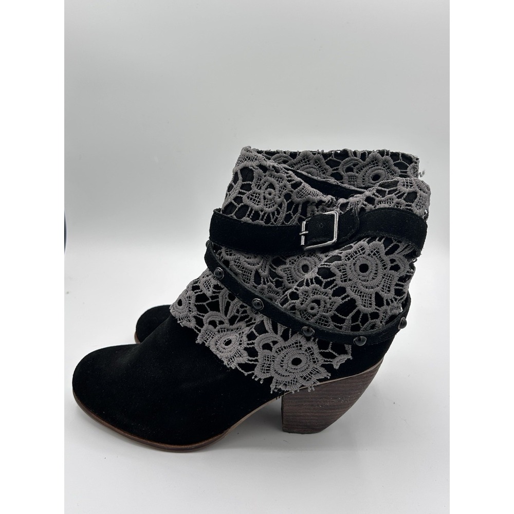 Naughty Monkey Black with Grey Lace Ankle Boots Women 8.5 Suede Harness Studded